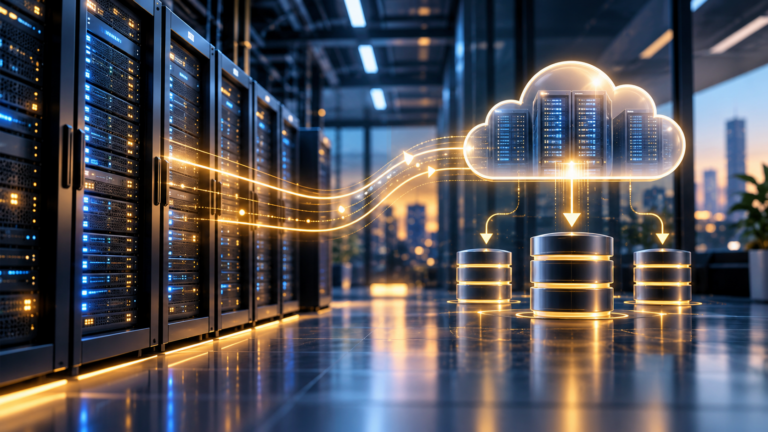 Data center server racks connected to cloud backup storage, illustrating business data backup and disaster recovery solutions.