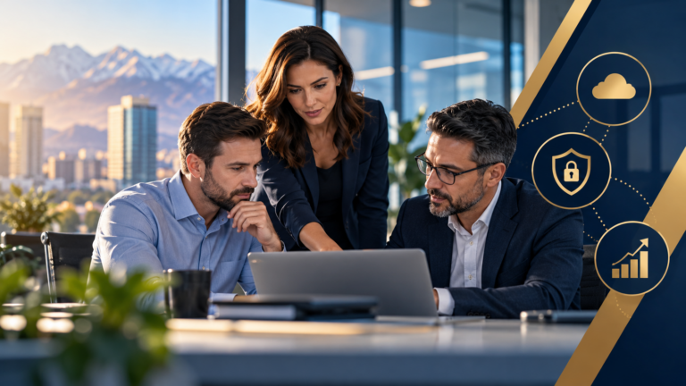 Business professionals reviewing technology solutions together